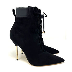 Good American Scandal Lace Up Stilleto Booties Suede Black Size 8.5 GA012K-X